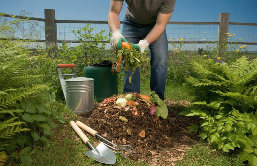 A gardener adding vegetable scraps to a compost bin in a lush Massachusetts garden with green plants and gardening tools nearby.