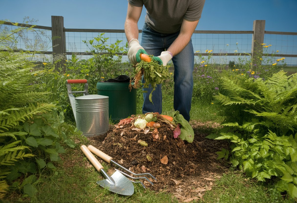 Composting Tips for Massachusetts Gardeners: Maximizing Soil Health and Sustainability - PlantNative.org A gardener adding vegetable scraps to a compost bin in a lush Massachusetts garden with green plants and gardening tools nearby.