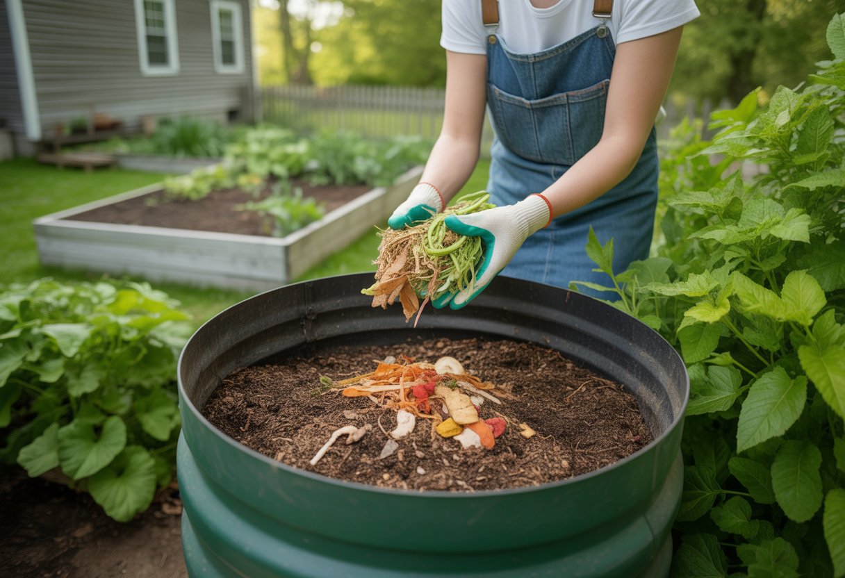 Composting Tips for Massachusetts Gardeners: Maximizing Soil Health and Sustainability - PlantNative.org A gardener adding organic scraps to a compost bin in a backyard garden with healthy plants and a New England-style house in the background.