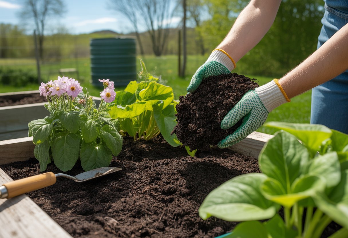 Composting Tips for Massachusetts Gardeners: Maximizing Soil Health and Sustainability - PlantNative.org A gardener spreading dark finished compost around plants in a Massachusetts garden with gardening tools and a compost bin nearby.