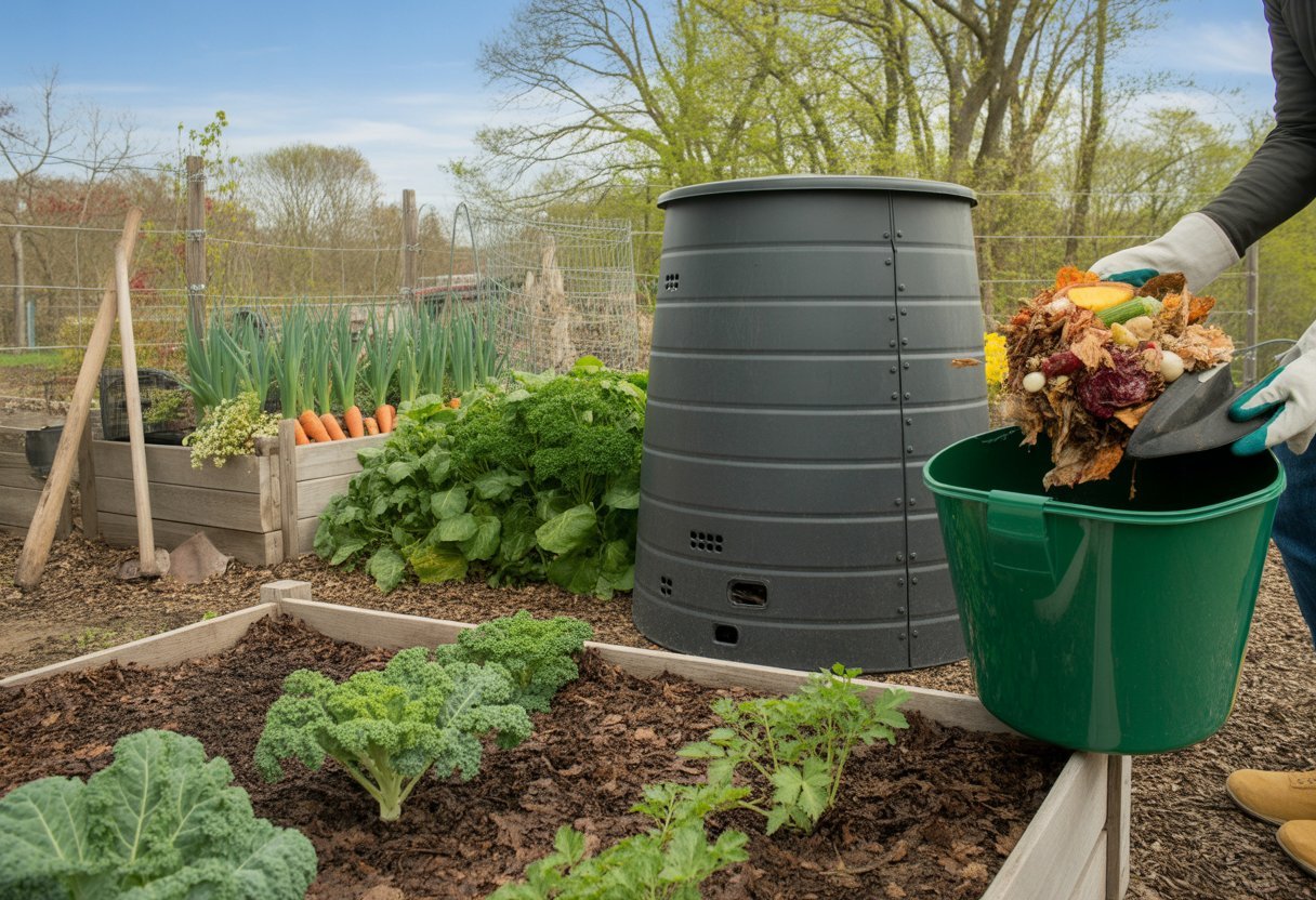 Composting Tips for Massachusetts Gardeners: Maximizing Soil Health and Sustainability - PlantNative.org A gardener adding vegetable scraps to a compost bin in a Massachusetts garden with growing vegetables and budding trees in the background.