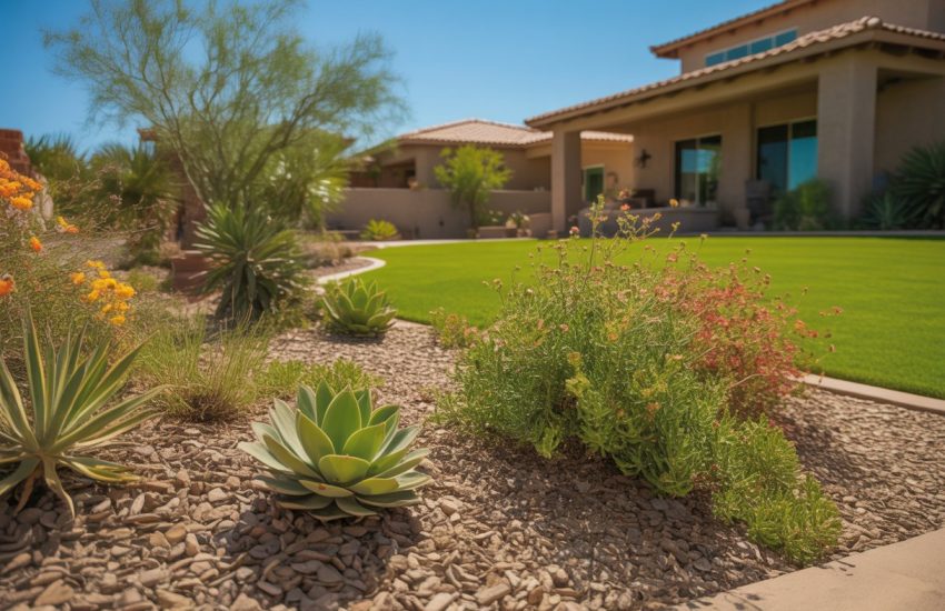 A front yard in Arizona with drought-tolerant plants, gravel ground cover, and a southwestern-style house in the background under a clear blue sky.