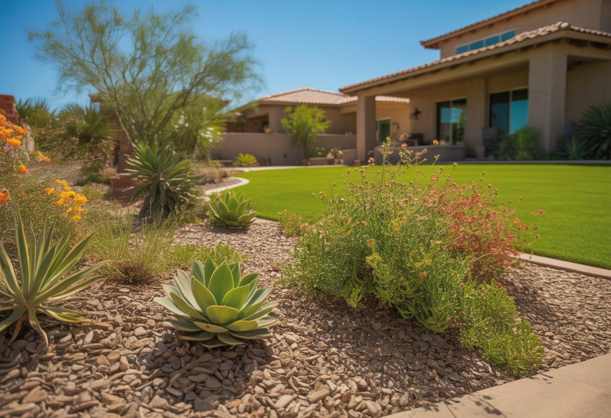 A front yard in Arizona with drought-tolerant plants, gravel ground cover, and a southwestern-style house in the background under a clear blue sky.