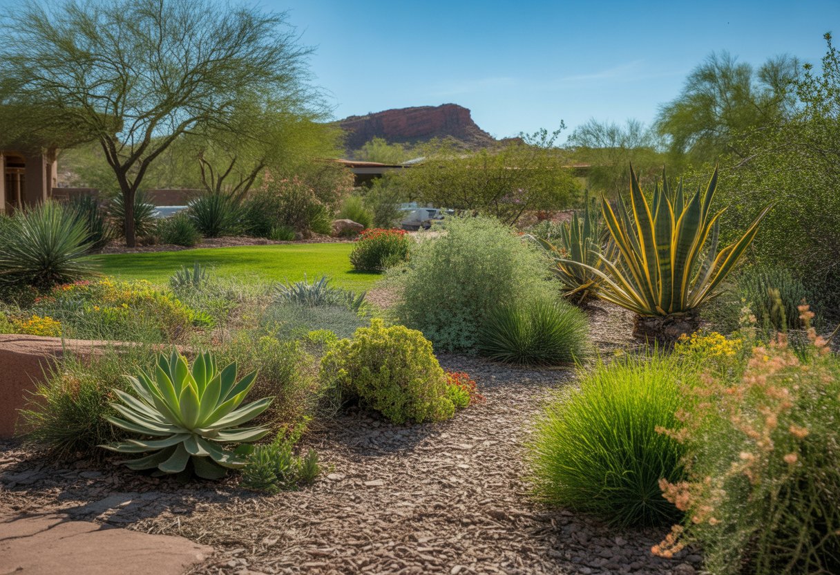 A vibrant Arizona yard with drought-tolerant plants, desert grasses, wildflowers, and red rock formations under a clear blue sky.