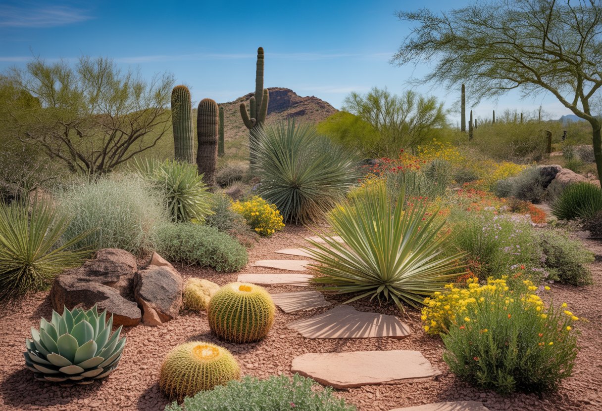 A desert landscape in Arizona with drought-tolerant plants, succulents, wildflowers, and cacti under a clear blue sky.