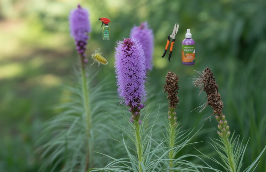 Close-up of a blazing star plant showing healthy and damaged areas with gardening tools nearby.