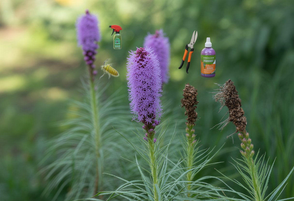 Close-up of a blazing star plant showing healthy and damaged areas with gardening tools nearby.