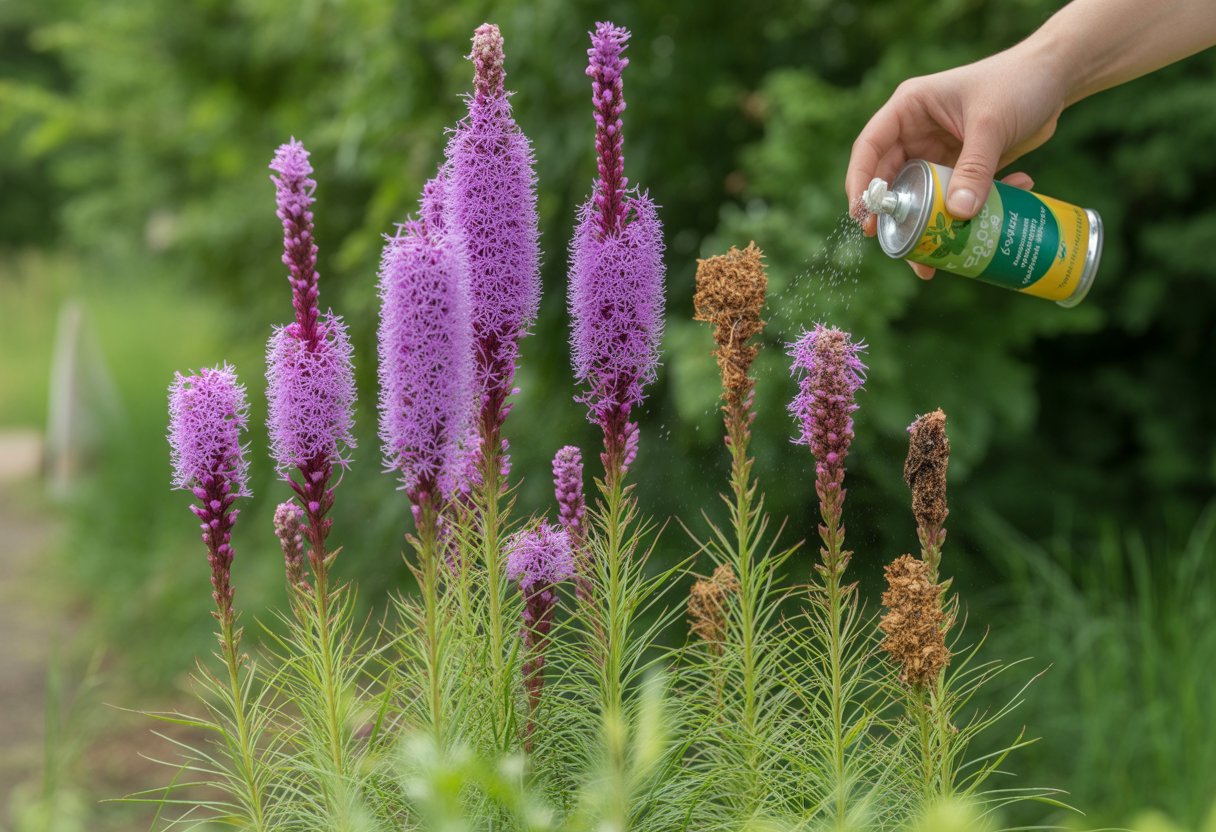 Close-up of Blazing Star flowers showing healthy purple spikes alongside yellowing leaves and pest damage, with gardening tools nearby indicating care and treatment.