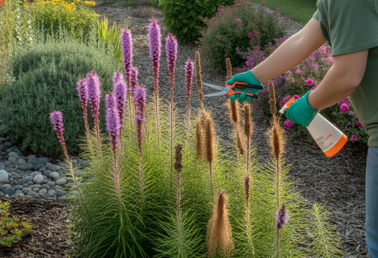 A gardener tending to blooming purple blazing star plants in a garden, with some plants showing signs of damage and maintenance tools visible nearby.