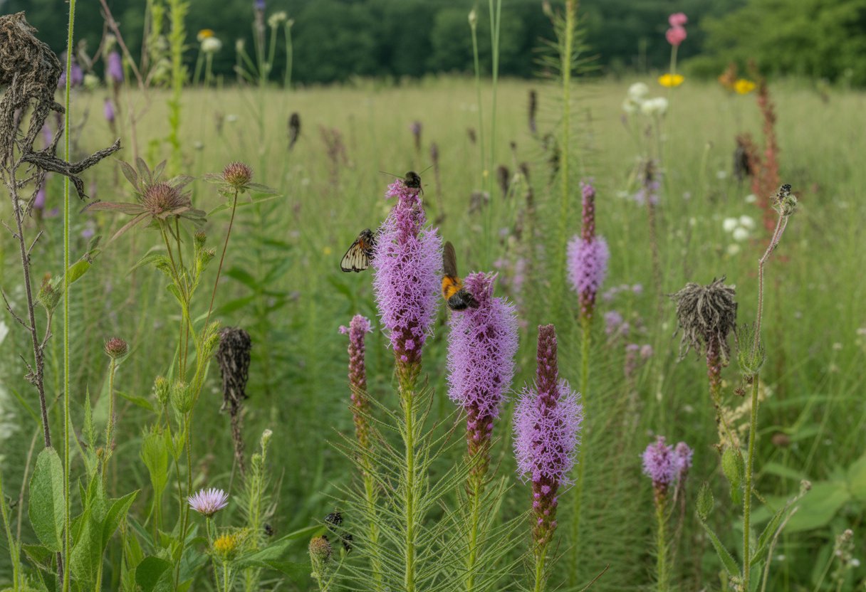A garden scene with blooming blazing star flowers attracting bees, butterflies, and hummingbirds, surrounded by healthy native plants and signs of plant care.
