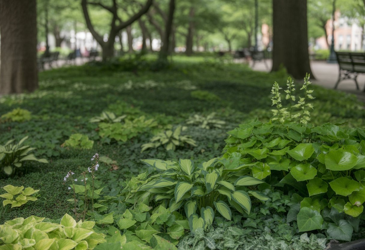 A shaded garden area in New York with dense green ground cover plants under tall trees and a blurred urban park background.