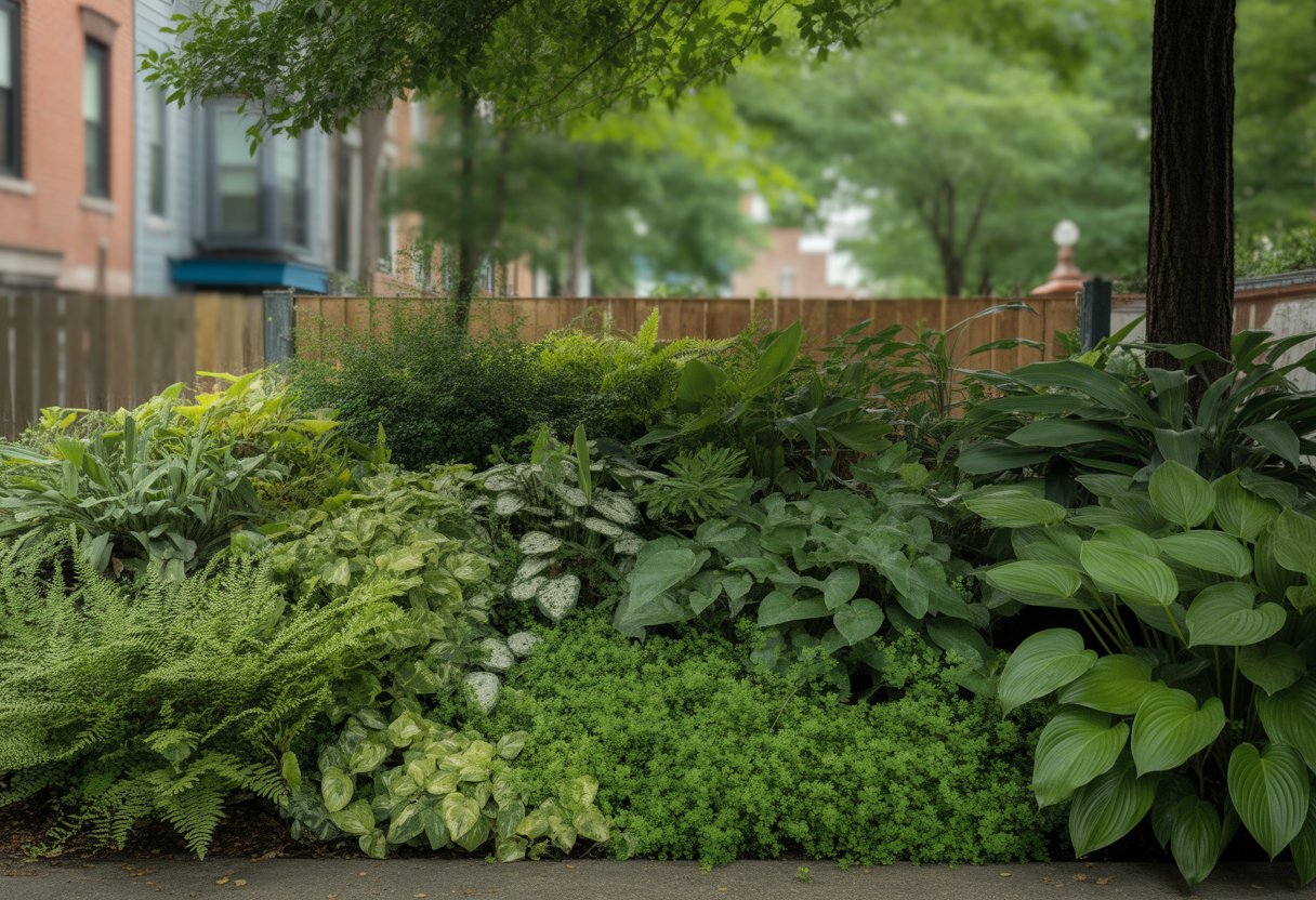 A shaded garden bed in New York filled with various green ground cover plants like ferns and hostas beneath tree branches, with blurred buildings in the background.