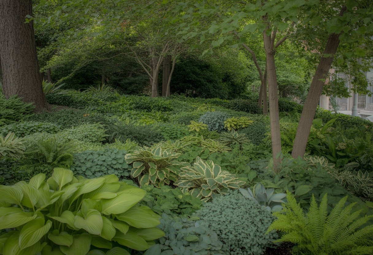 A shaded garden area with diverse green ground cover plants growing beneath tall trees.