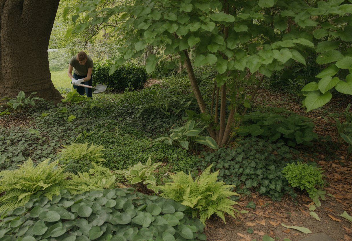 A gardener tending to shade-loving ground cover plants growing under trees in a shaded garden area.