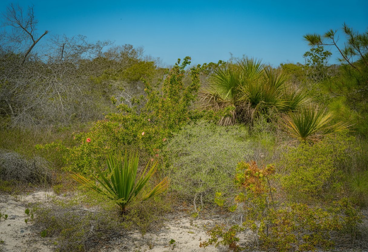 Drought Tolerant Native Plants Florida for Sustainable Landscaping Solutions - PlantNative.org A sunlit natural landscape in Florida featuring various drought-tolerant native plants with green leaves and some colorful flowers under a clear blue sky.