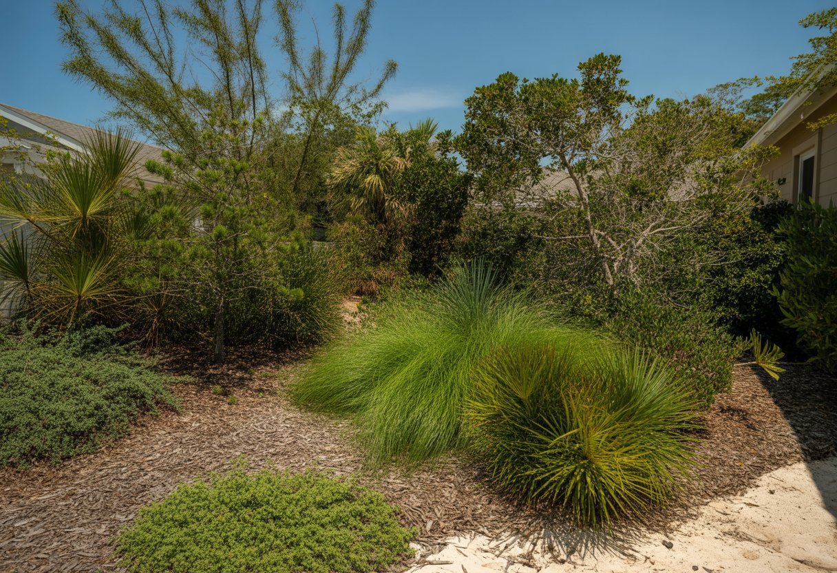 Drought Tolerant Native Plants Florida for Sustainable Landscaping Solutions - PlantNative.org A sunny residential garden with drought-tolerant native plants and green ground covers growing among natural mulch pathways.
