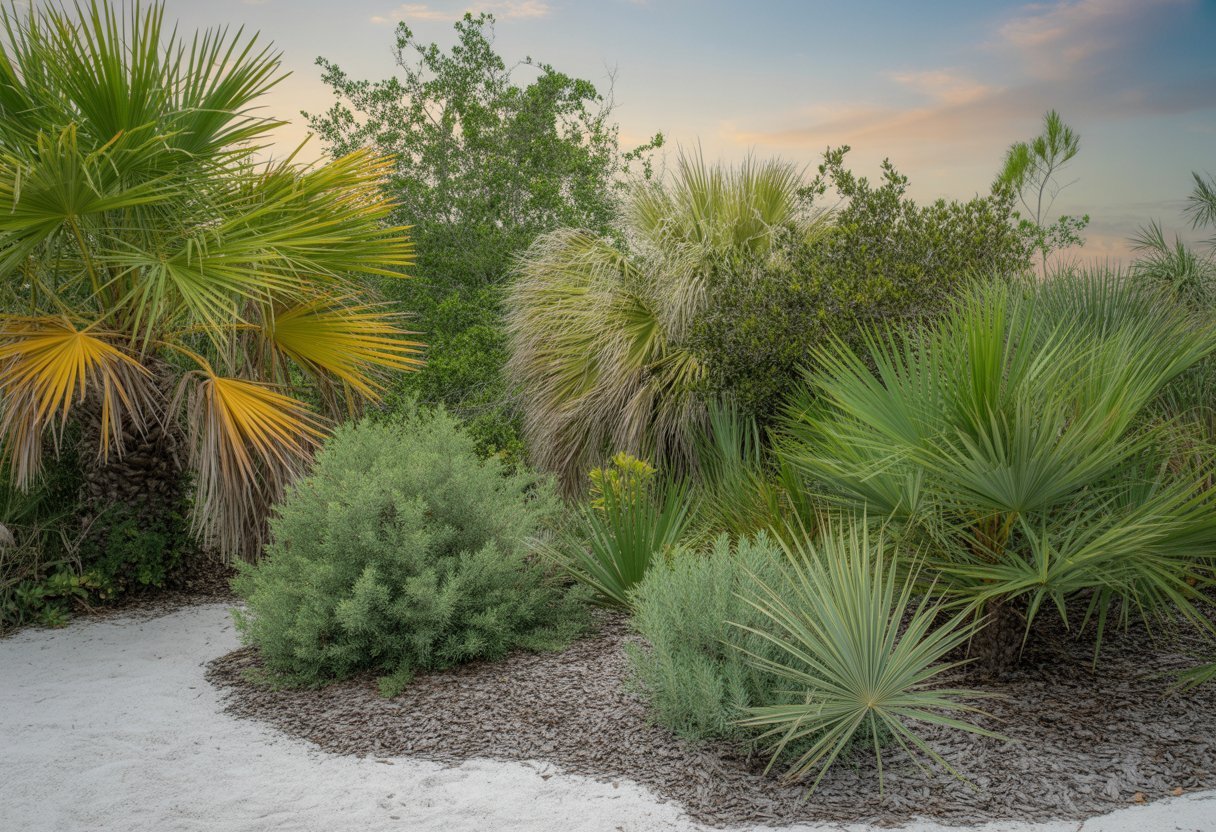 Drought Tolerant Native Plants Florida for Sustainable Landscaping Solutions - PlantNative.org A sunny Florida garden with healthy drought-tolerant native plants including palmetto and muhly grass growing in sandy soil.