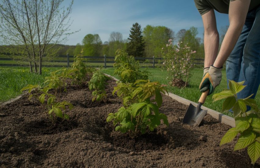 A person planting young raspberry bushes in a garden surrounded by trees and wildflowers under a clear sky.
