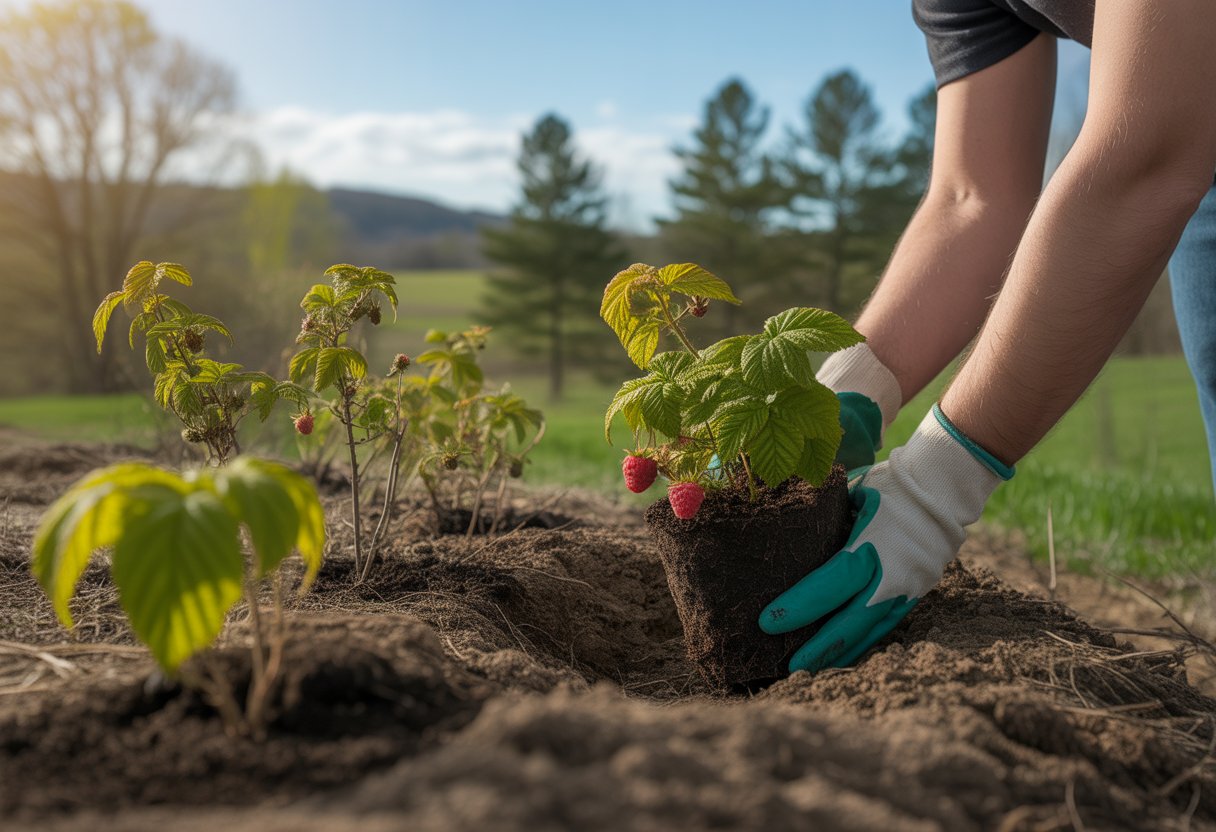 A person planting native raspberry seedlings in a garden in North Carolina during early spring with green raspberry bushes and trees in the background.
