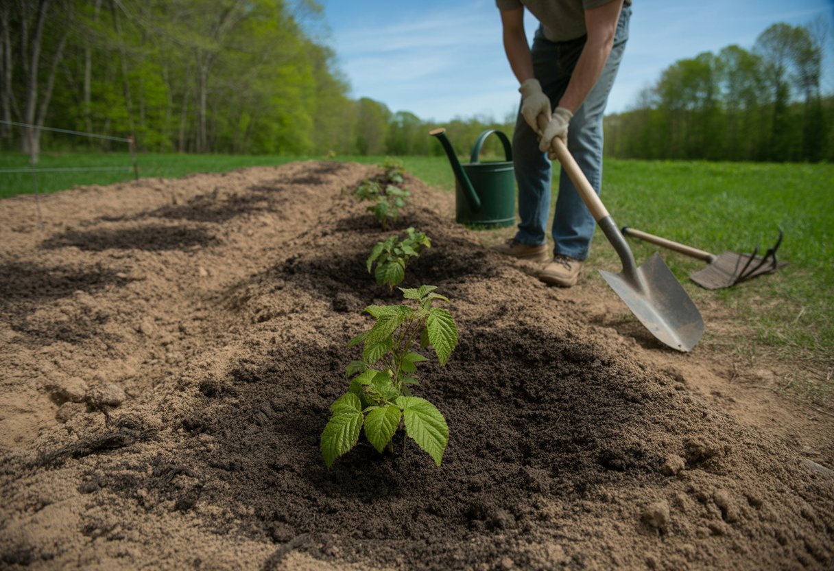 A gardener planting young raspberry seedlings in freshly tilled soil in a garden surrounded by green trees under a clear blue sky.