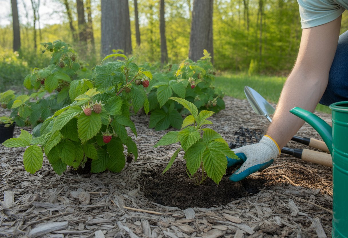 A gardener planting native raspberry plants in a garden with green leaves and small berries on a sunny day.