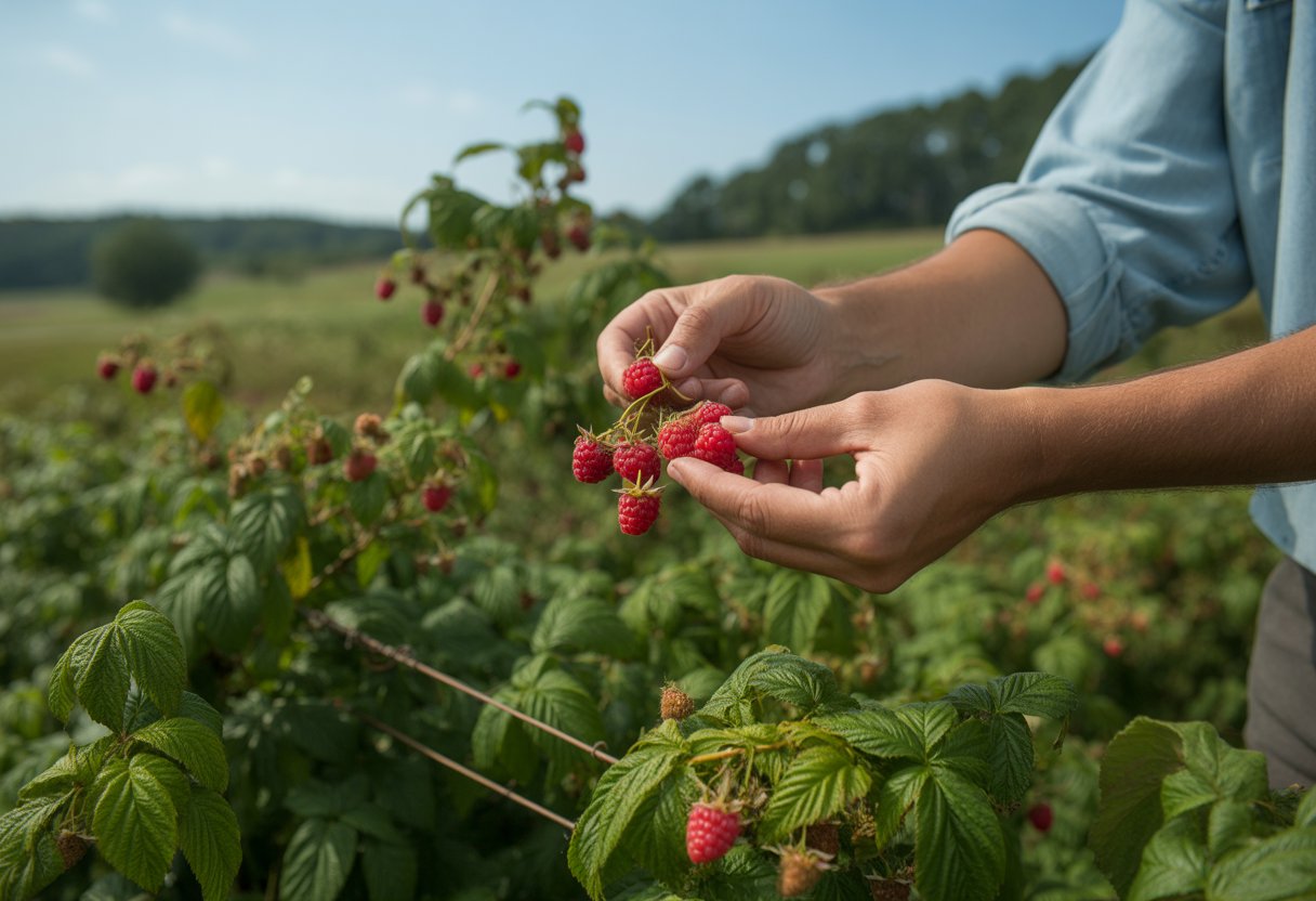 A person harvesting ripe raspberries from green bushes on a sunny farm with hills in the background.