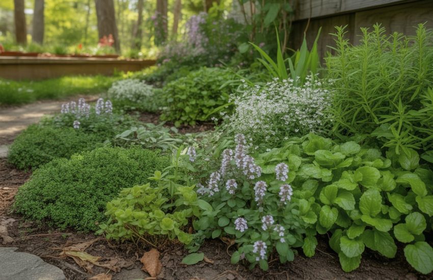 A garden bed with various green ground cover plants including creeping thyme, ajuga, pachysandra, and sweet woodruff under soft sunlight near a wooden fence.