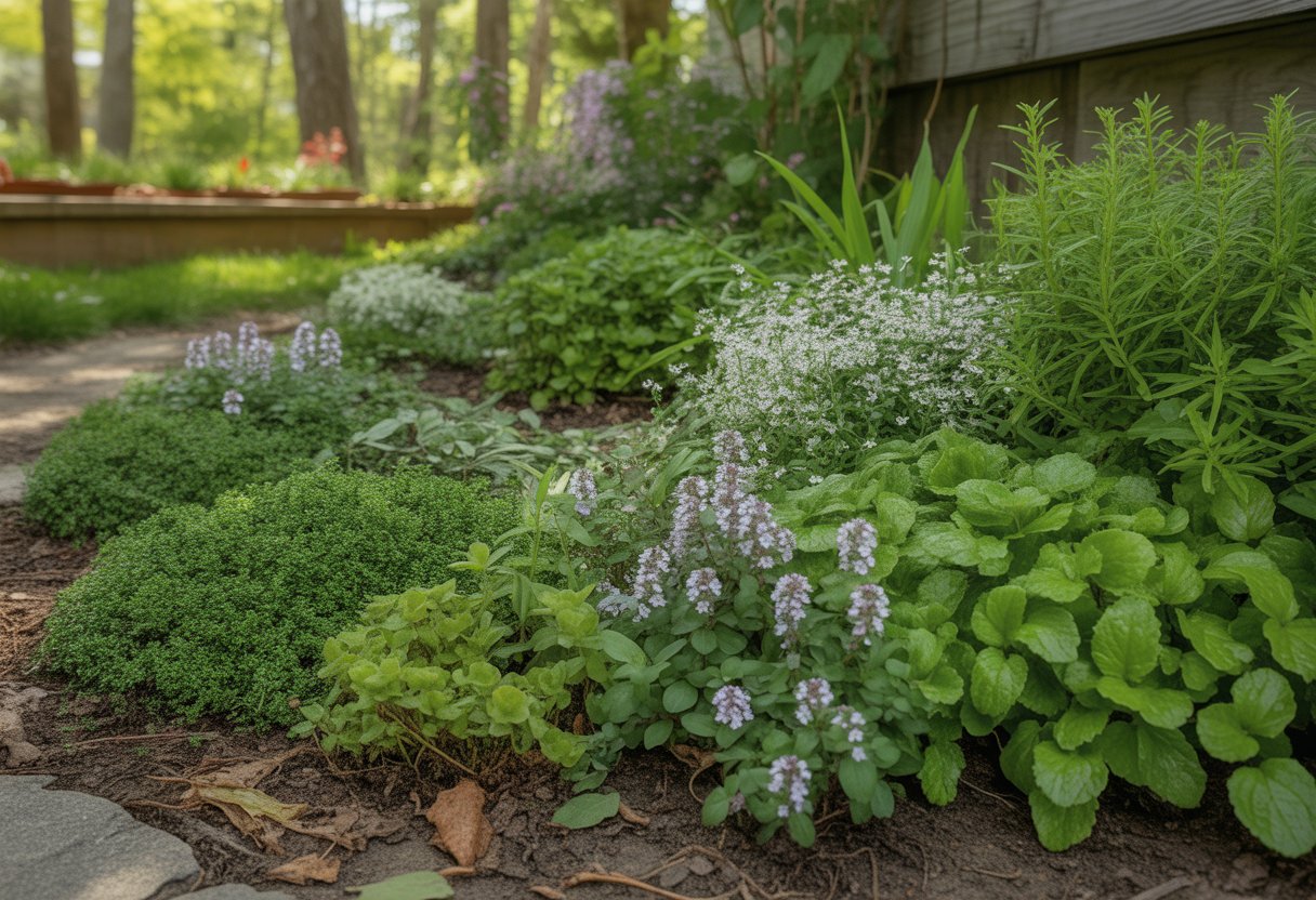 A garden bed with various green ground cover plants including creeping thyme, ajuga, pachysandra, and sweet woodruff under soft sunlight near a wooden fence.