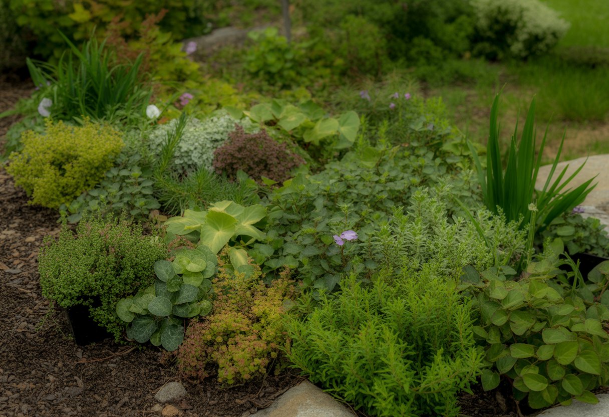 A garden bed with various green ground cover plants and small flowers growing on soil with some mulch and rocks.