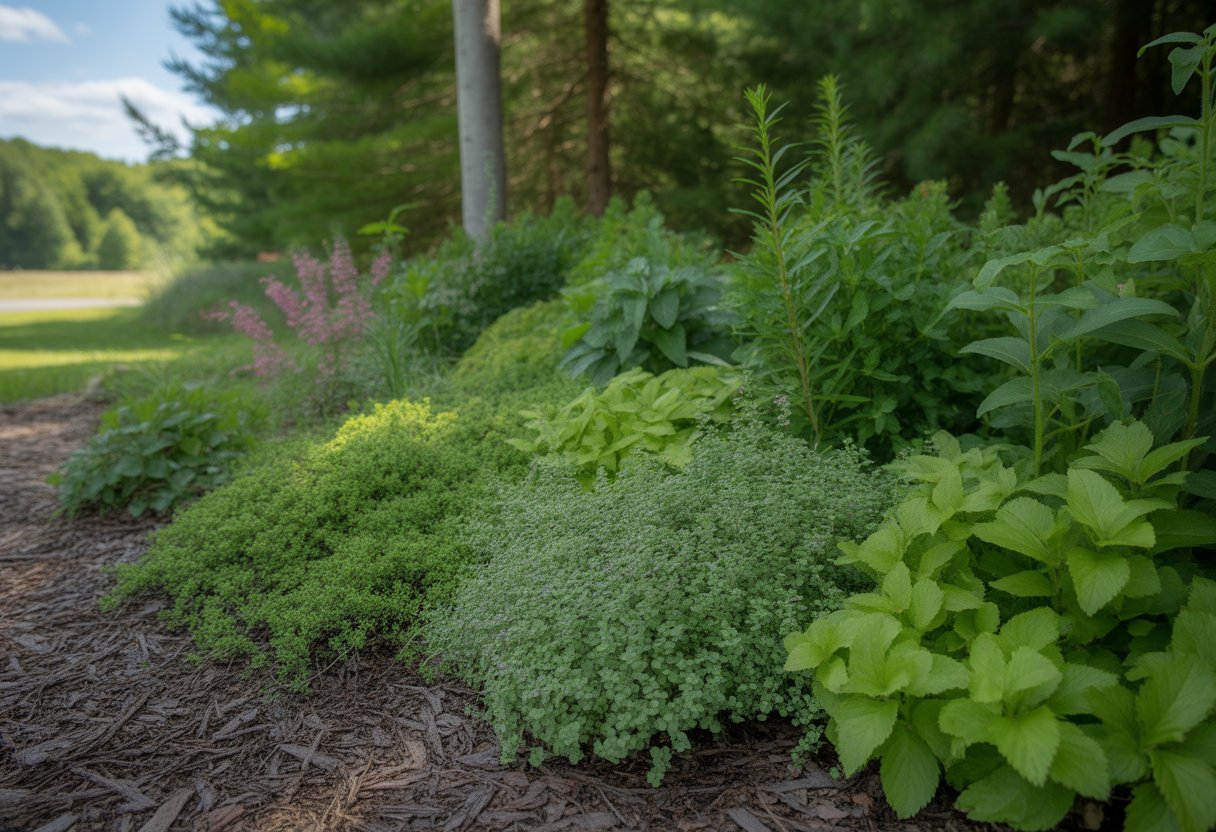 A garden in New Hampshire with various healthy green ground cover plants growing along a shaded forest edge and sunlit garden bed.