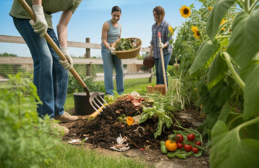 Gardeners tending to a compost bin filled with organic waste in a lush garden with vegetables and flowers on a sunny day.