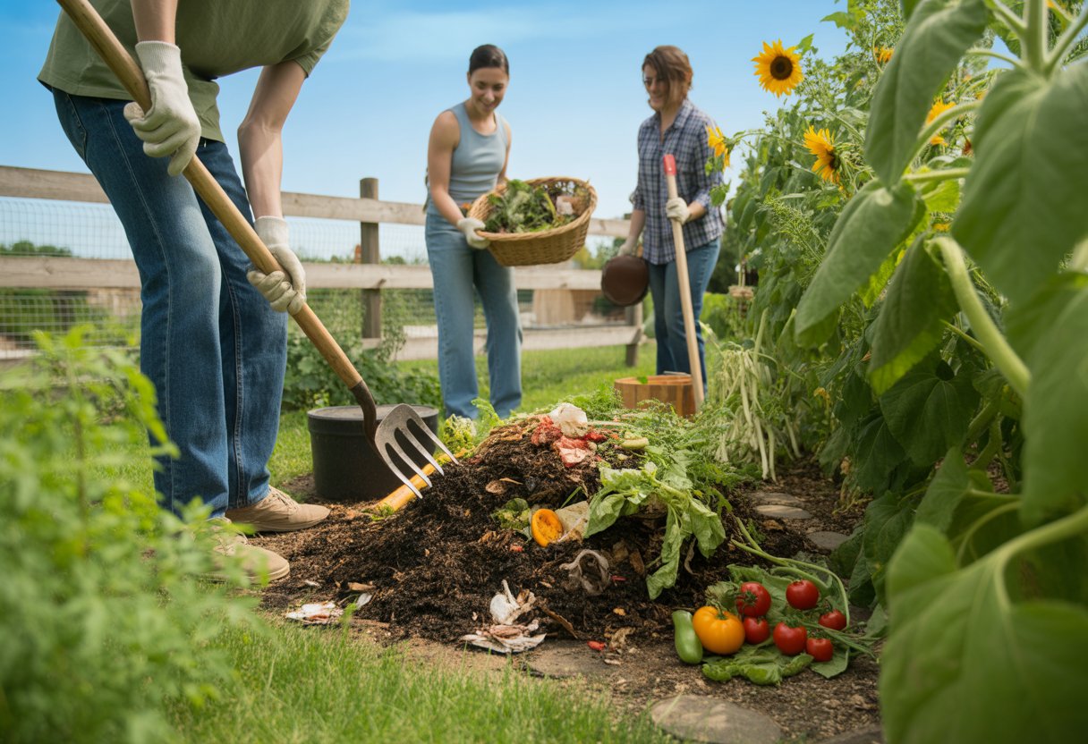 Gardeners tending to a compost bin filled with organic waste in a lush garden with vegetables and flowers on a sunny day.