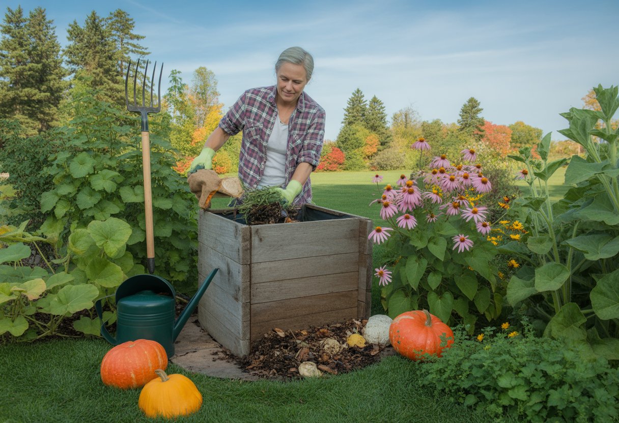A gardener adding kitchen scraps to a compost bin in a backyard garden surrounded by plants and early fall trees.