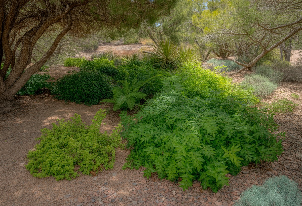 A shaded garden area in New Mexico with various green ground cover plants growing under trees along a natural garden path.