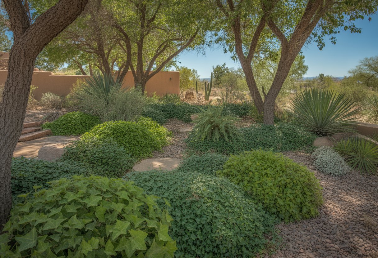A shaded garden area with green ground cover plants under mature trees and stone pathways, set in a natural New Mexico outdoor environment.