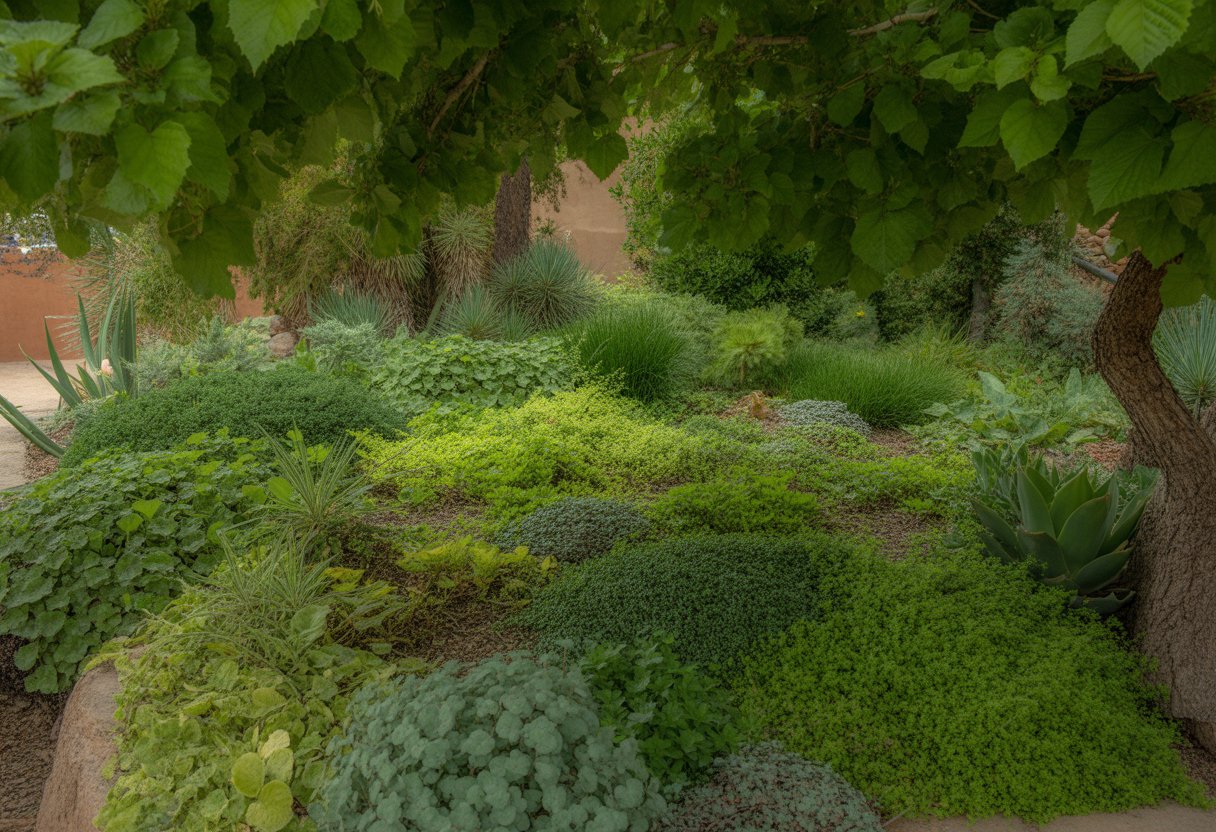 A shaded garden area in New Mexico filled with various green ground cover plants growing under trees, showing lush foliage and natural garden elements.