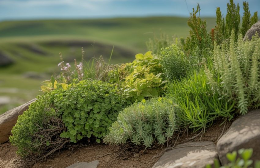 A natural outdoor scene with various green ground cover plants growing over rocky soil under a clear blue sky.