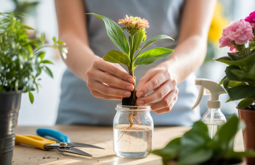 Hands placing a flower cutting into a glass jar of water with roots growing, surrounded by gardening tools and potted plants.