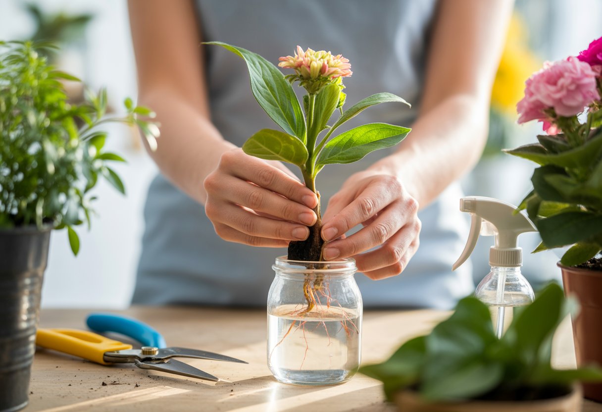 Hands placing a flower cutting into a glass jar of water with roots growing, surrounded by gardening tools and potted plants.