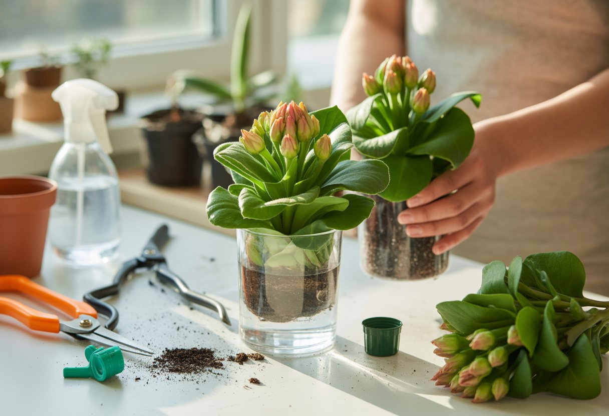 Close-up of hands propagating flowering plant cuttings in glass containers with gardening tools and supplies nearby in a bright indoor setting.