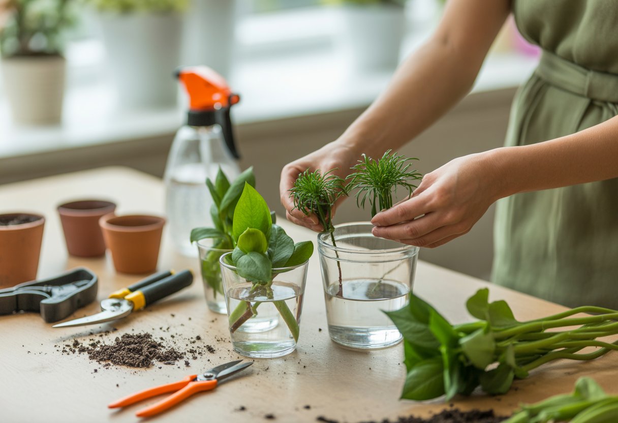 Hands propagating flower cuttings in glass containers on a bright indoor gardening workspace with tools and natural light.