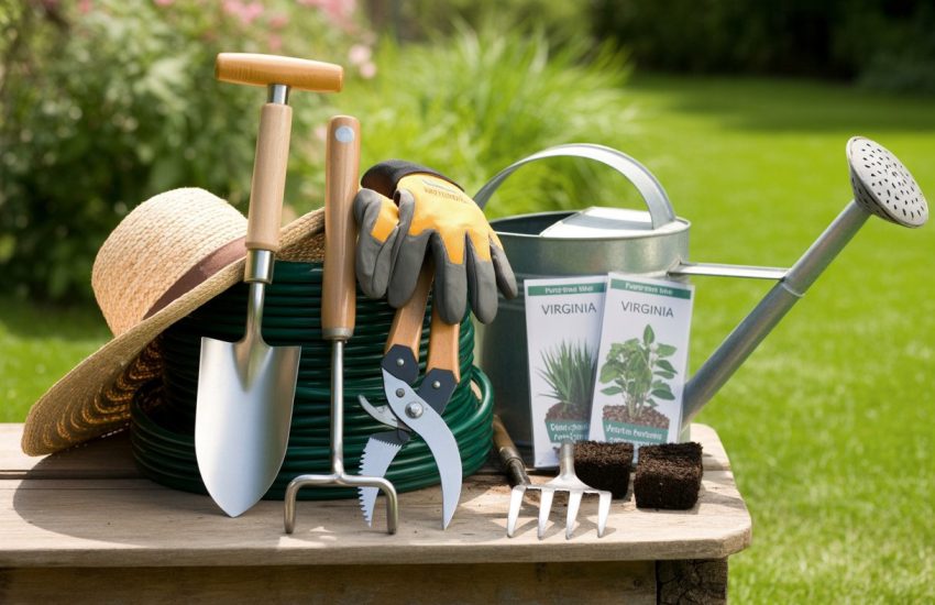A collection of essential gardening tools including a hand trowel, pruning shears, gloves, garden fork, watering can, garden hose, small rake, seed packets, and a sun hat arranged on a wooden table outdoors with plants in the background.