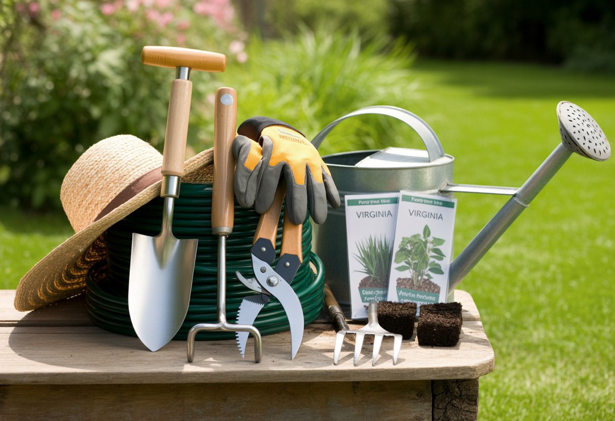 A collection of essential gardening tools including a hand trowel, pruning shears, gloves, garden fork, watering can, garden hose, small rake, seed packets, and a sun hat arranged on a wooden table outdoors with plants in the background.