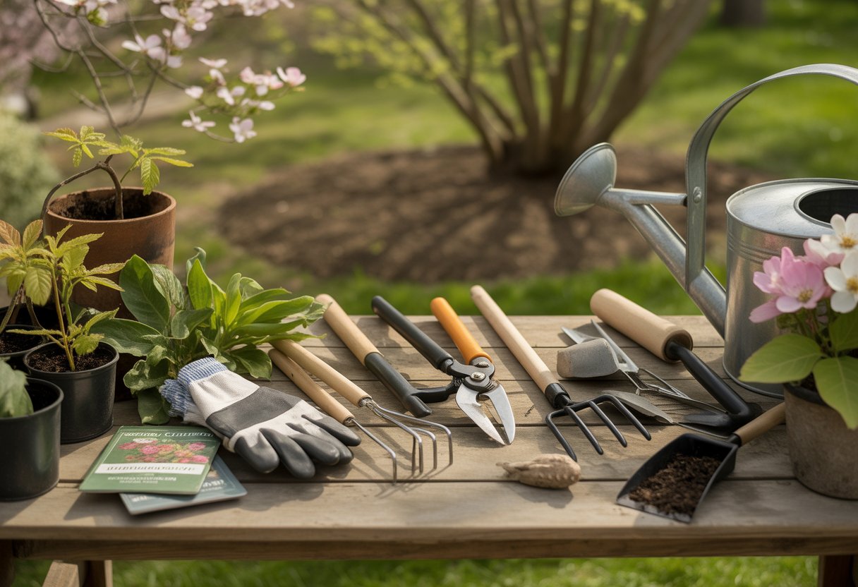 A collection of gardening tools arranged on a wooden table with spring plants and a garden in the background.
