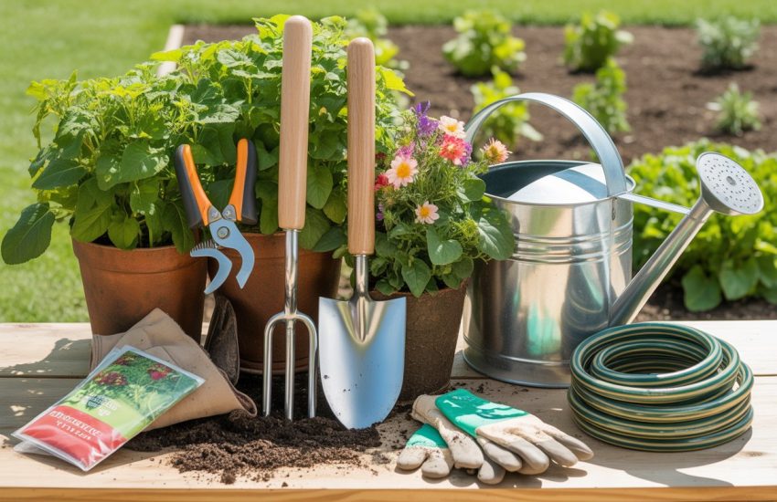 A collection of gardening tools including a hand trowel, pruning shears, garden fork, watering can, hose, gloves, seed packets, and fertilizer on a wooden table with green plants and flowers in the background.