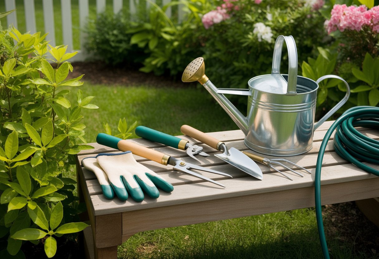 A collection of gardening tools arranged on a wooden bench in a green garden with blooming flowers and a white picket fence in the background.