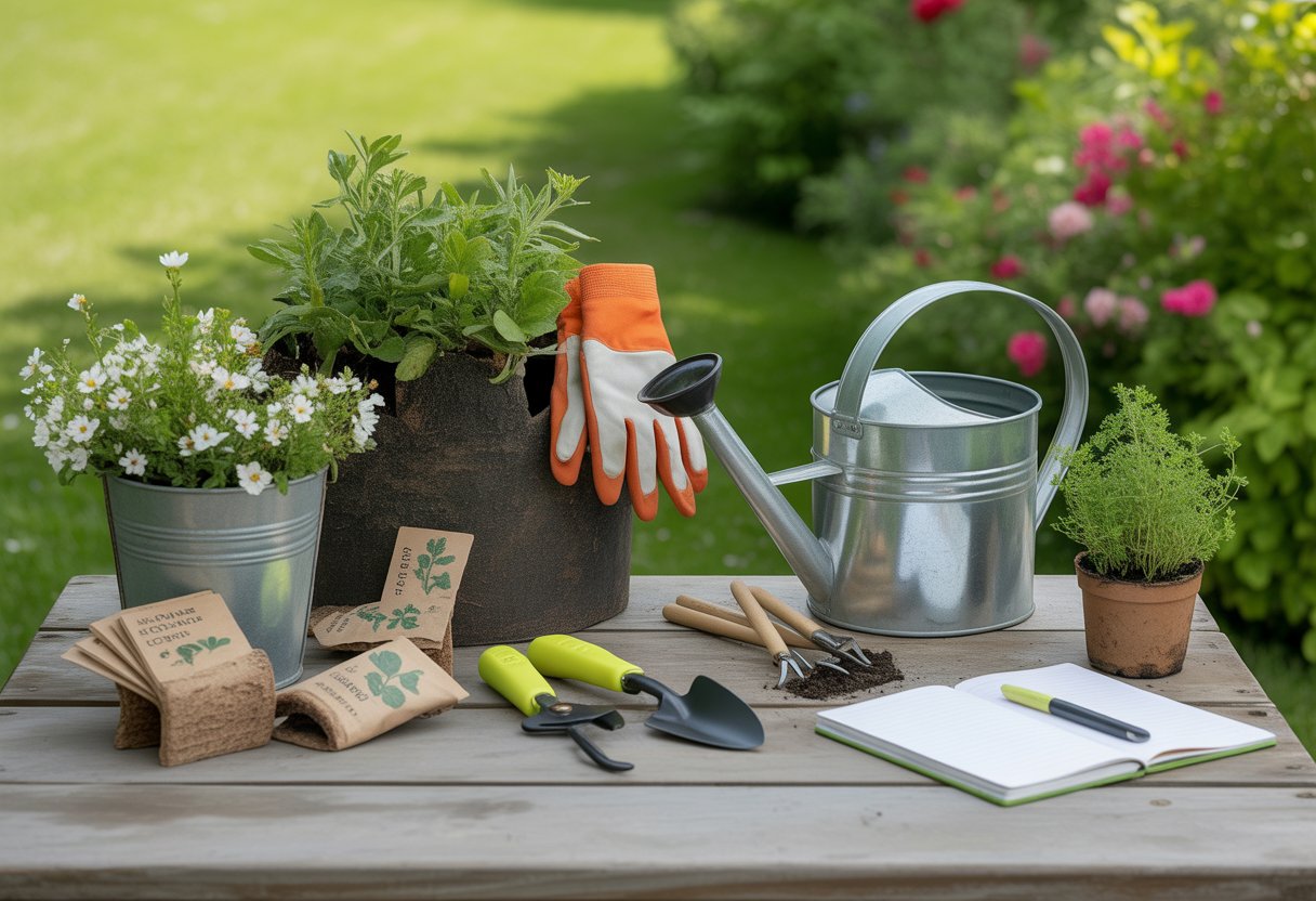 A gardening workspace outdoors with gloves, pruning shears, a hand trowel, watering can, seed packets, plant markers, a notebook, and a small potted herb plant, set against a green garden background.