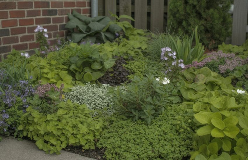 A garden bed in New York filled with various green ground cover plants including creeping thyme, pachysandra, ajuga, and vinca minor, with a brick wall and wooden fence in the background.