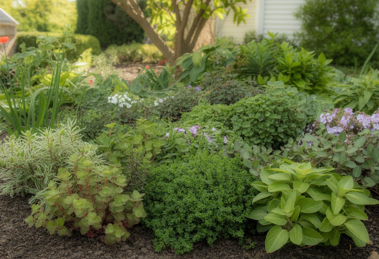 Best Ground Cover Plants for New York: Top Varieties for Year-Round Growth and Low Maintenance - PlantNative.org A garden area covered with various green ground cover plants growing densely over soil with some small flowers visible.