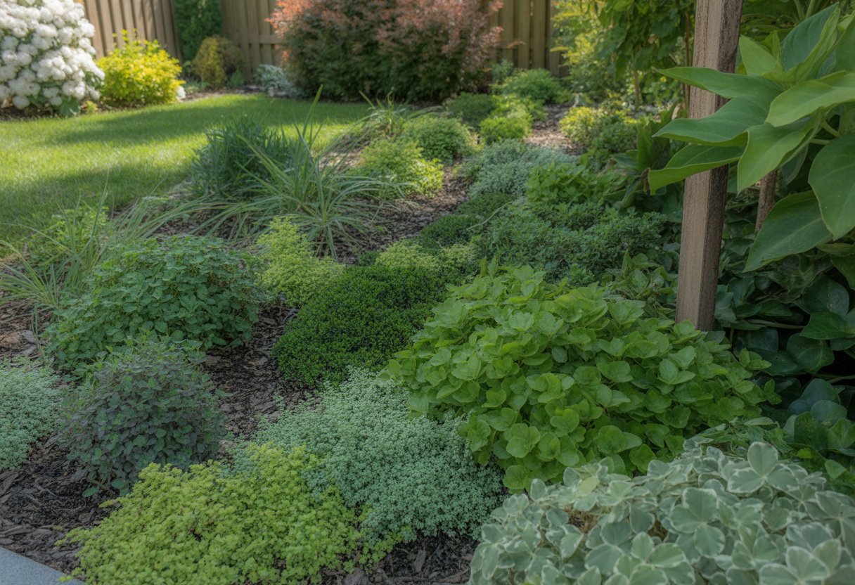 Best Ground Cover Plants for New York: Top Varieties for Year-Round Growth and Low Maintenance - PlantNative.org A lush garden in New York with various green ground cover plants growing densely around trees and flower beds.
